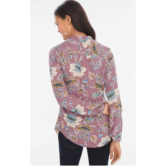 Chico’s Jacobean Bouquet Pleated Ruffle Long Sleeve Blouse Size 2/ US L - Picture 2 of 11